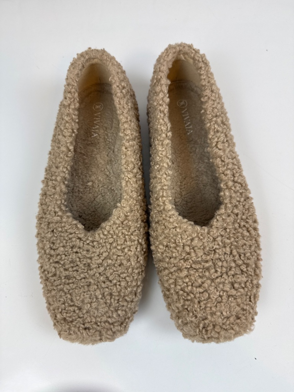 Vivaia Shearling Teddy Ballet Flats Beige Square Toe EU 39.5 US 8.5